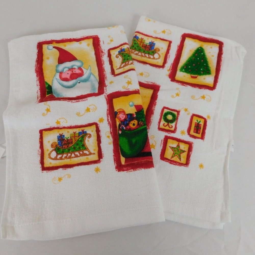 2 Christmas Dish Kitchen Towels Santa Sleigh Tree Wreath Traditional Americana